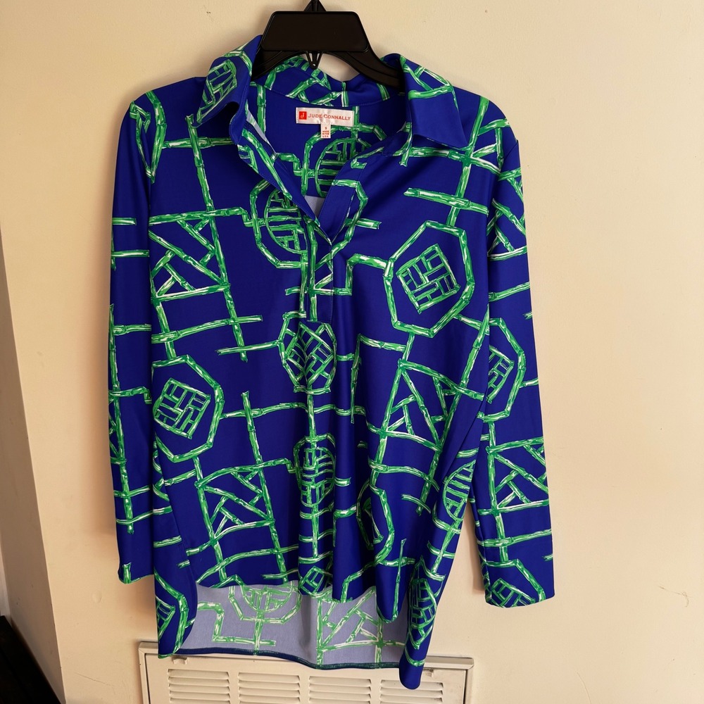 Jude Connally Geometric Bamboo Tunic Top Womens Blue‎ Small Long Sleeve V-Neck